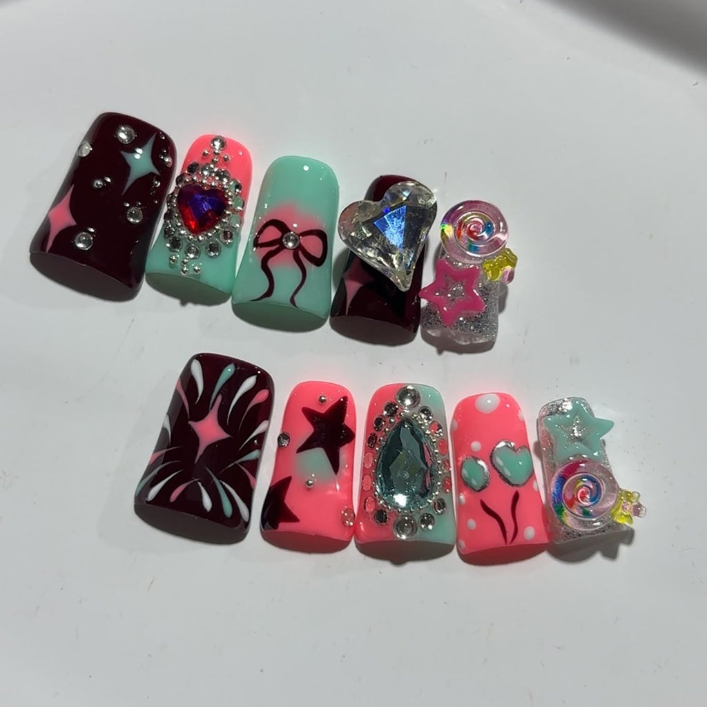 RIICFDD Duck Press-On Nails – 10 Pcs Handmade, 3D Rhinestone Hearts, Reusable Full Cover (Size M)