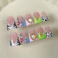 RIICFDD 10 Pcs Handmade Duck Press-On Nails – Medium, French Tip, 3D Heart Rhinestones, Glue Included