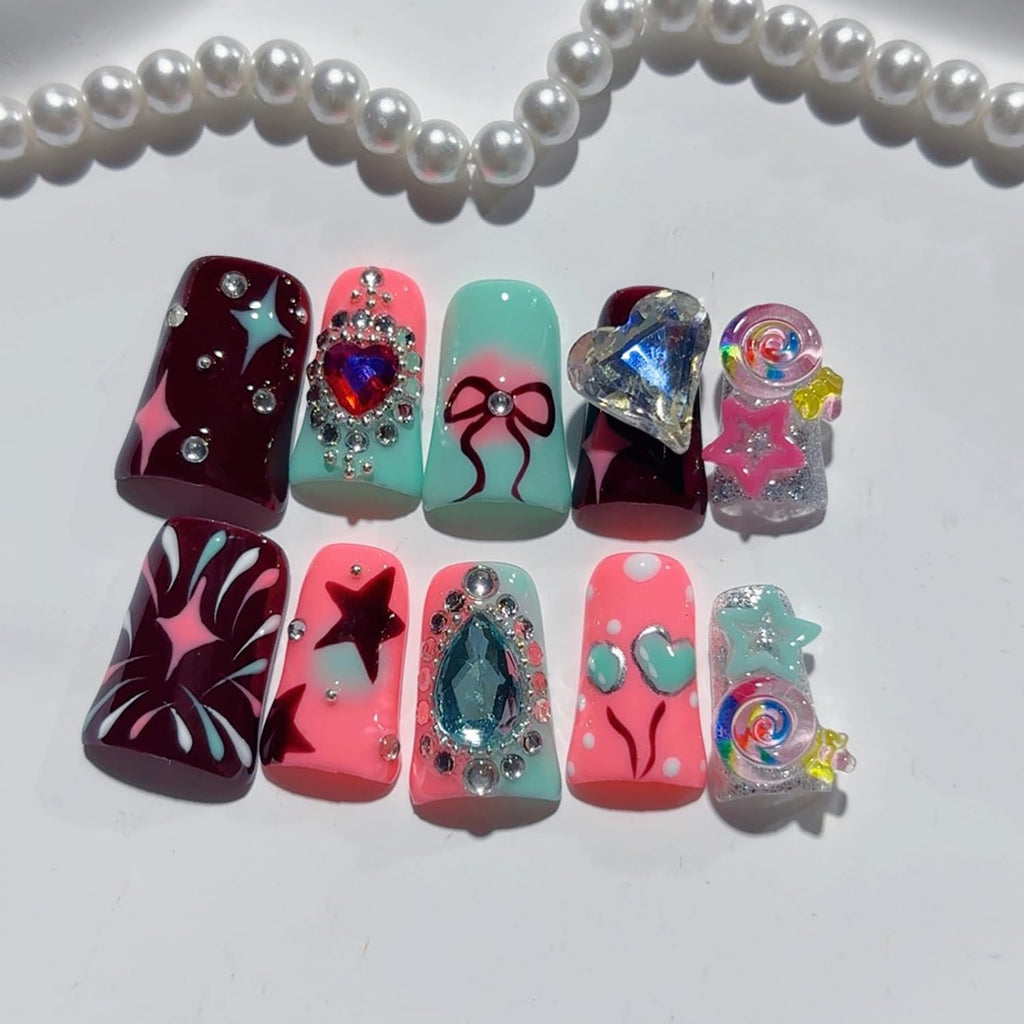 RIICFDD Duck Press-On Nails – 10 Pcs Handmade, 3D Rhinestone Hearts, Reusable Full Cover (Size M)