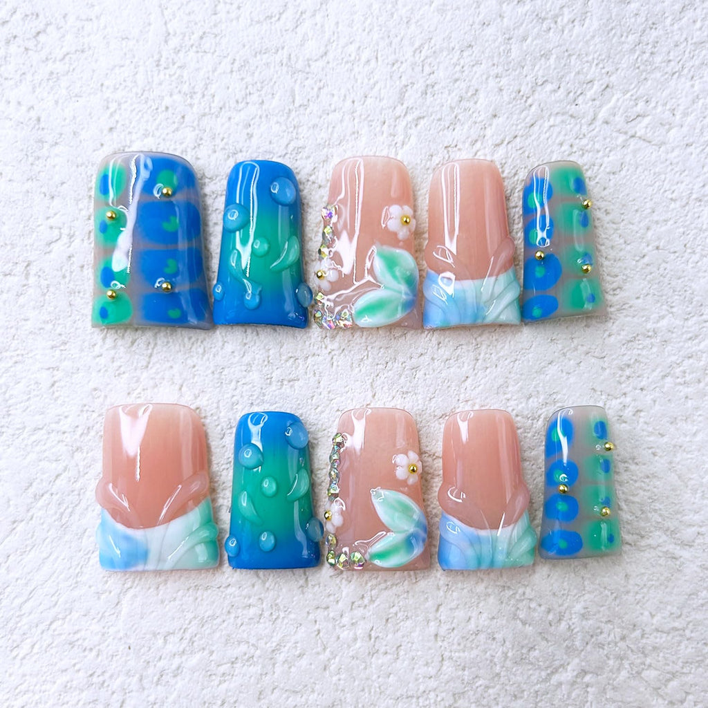 RIICFDD Handmade Duck Press on Nails – Medium 3D Flower Rhinestones Full Cover Kit (10 Nails)