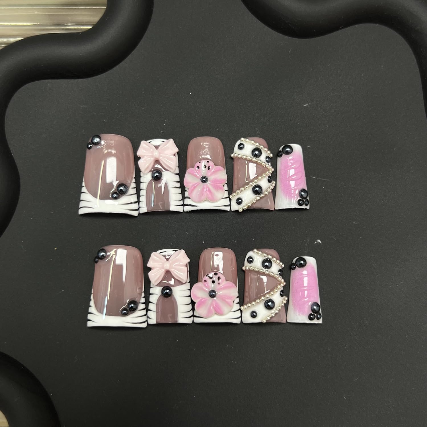 RIICFDD 10 Pcs Handmade Duck Press On Nails – 3D Flower & Bow, Medium Full Cover, Glue Included