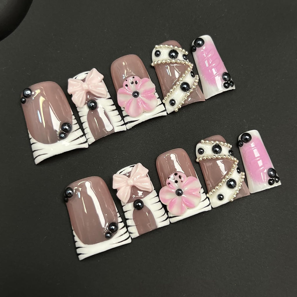 RIICFDD 10 Pcs Handmade Duck Press On Nails – 3D Flower & Bow, Medium Full Cover, Glue Included