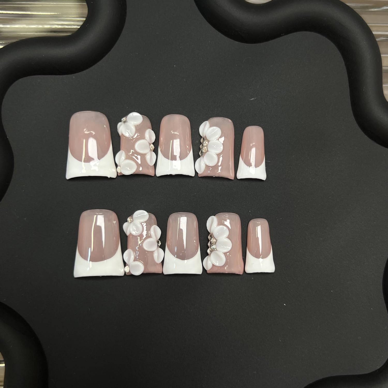RIICFDD 10 Pcs Duck Press-On Nails with Glue – Medium Thick Acrylic, 3D Flower & Nude Pink Full-Cover Nails