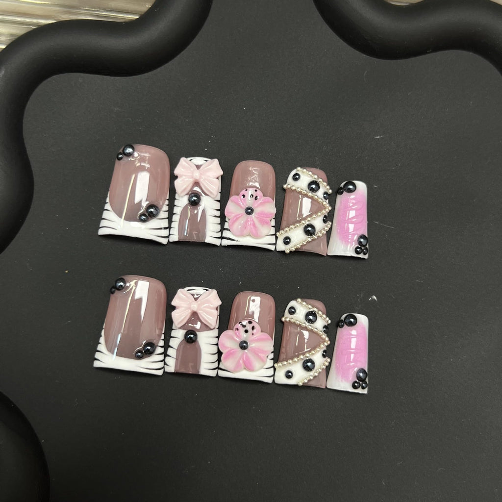 RIICFDD 10 Pcs Handmade Duck Press On Nails – 3D Flower & Bow, Medium Full Cover, Glue Included