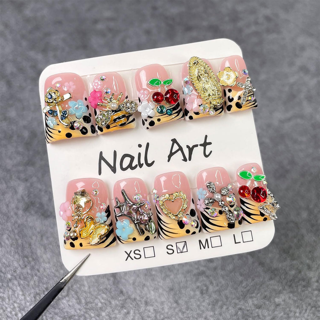 RIICFDD 10 Pcs Duck Press-On Nails – Handmade French Tip with 3D Flowers, Butterfly & Leopard Print (Glossy)