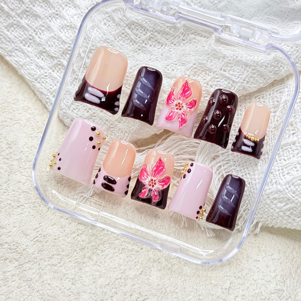 RIICFDD 10 Pcs Handmade Duck Press-On Nails – 3D Flower Gold Pearl Design (Size M)
