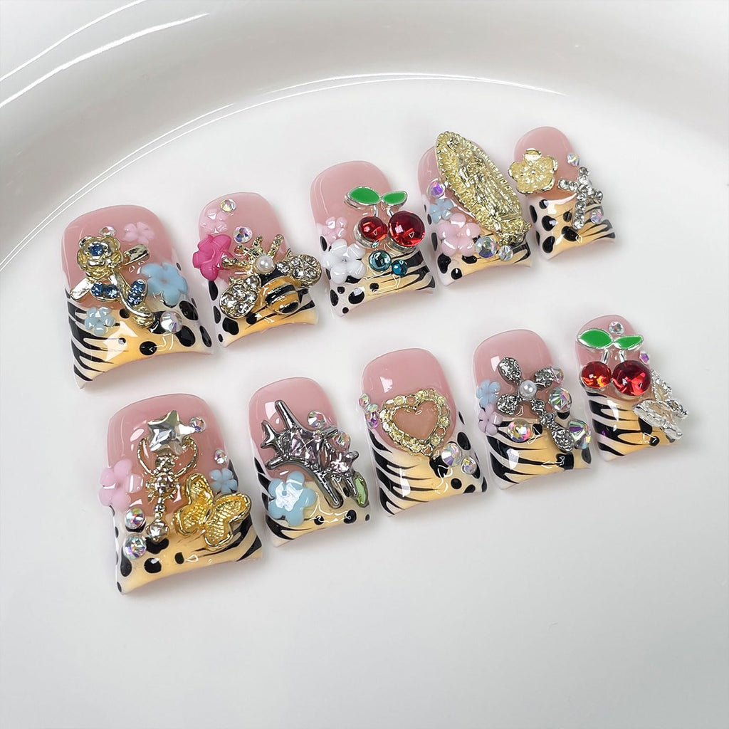 RIICFDD 10 Pcs Duck Press-On Nails – Handmade French Tip with 3D Flowers, Butterfly & Leopard Print (Glossy)