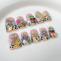 RIICFDD 10 Pcs Duck Press-On Nails – Handmade French Tip with 3D Flowers, Butterfly & Leopard Print (Glossy)
