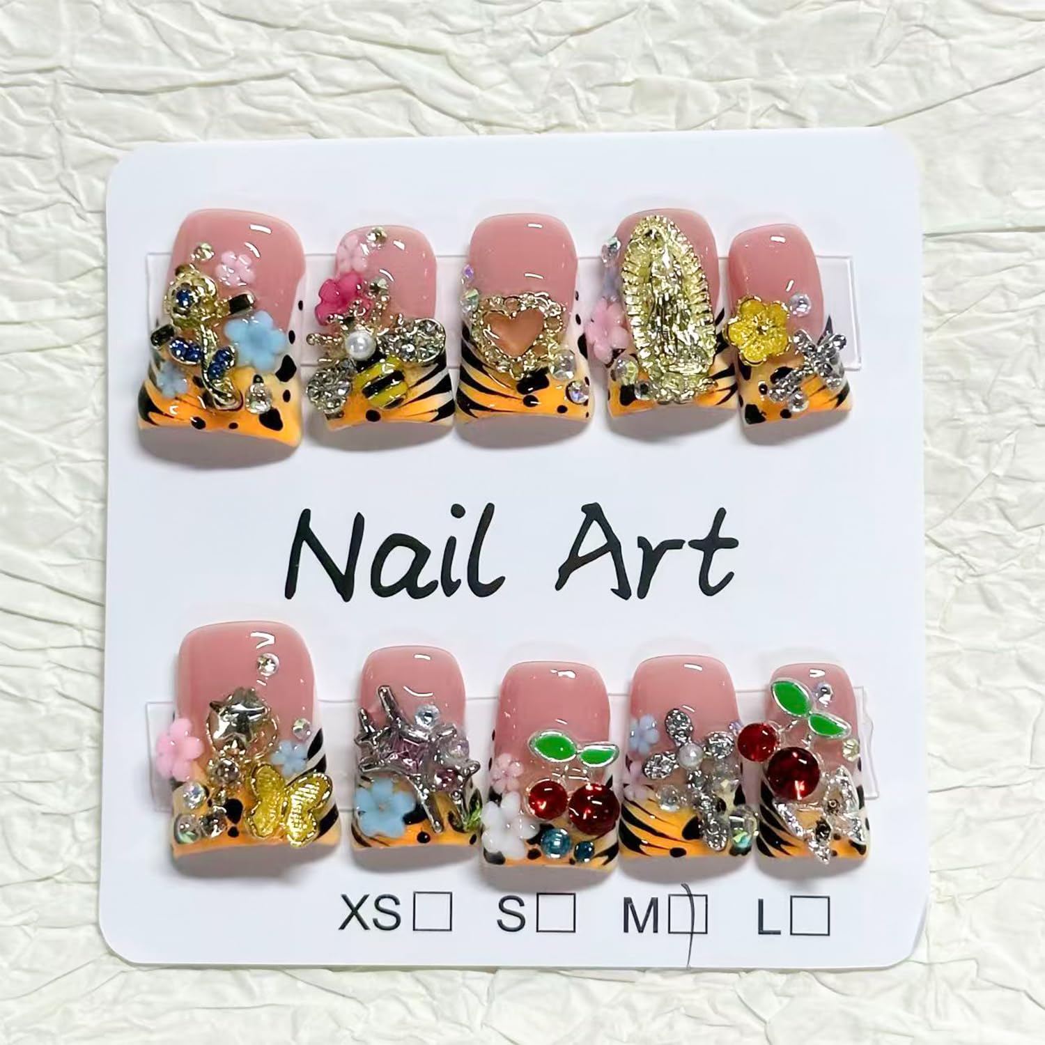 RIICFDD 10 Pcs Duck Press-On Nails – Handmade French Tip with 3D Flowers, Butterfly & Leopard Print (Glossy)