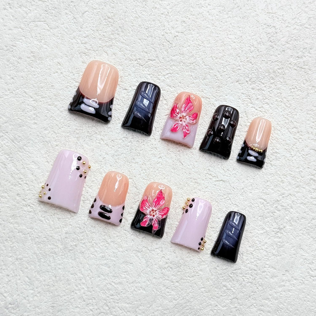 RIICFDD 10 Pcs Handmade Duck Press-On Nails – 3D Flower Gold Pearl Design (Size M)