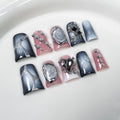 RIICFDD 10 Pcs Duck Press-On Nails – Blue-White Gradient with Rhinestone Hearts, Medium