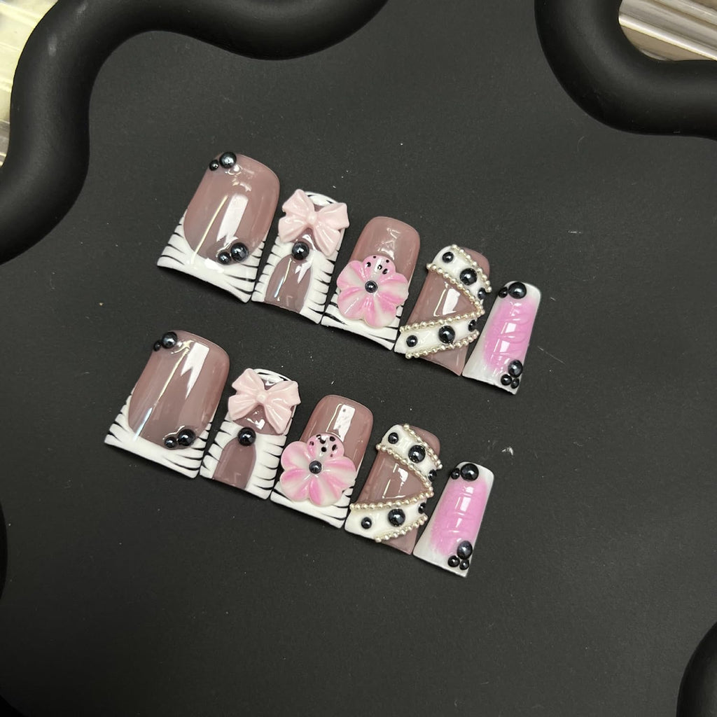 RIICFDD 10 Pcs Handmade Duck Press On Nails – 3D Flower & Bow, Medium Full Cover, Glue Included