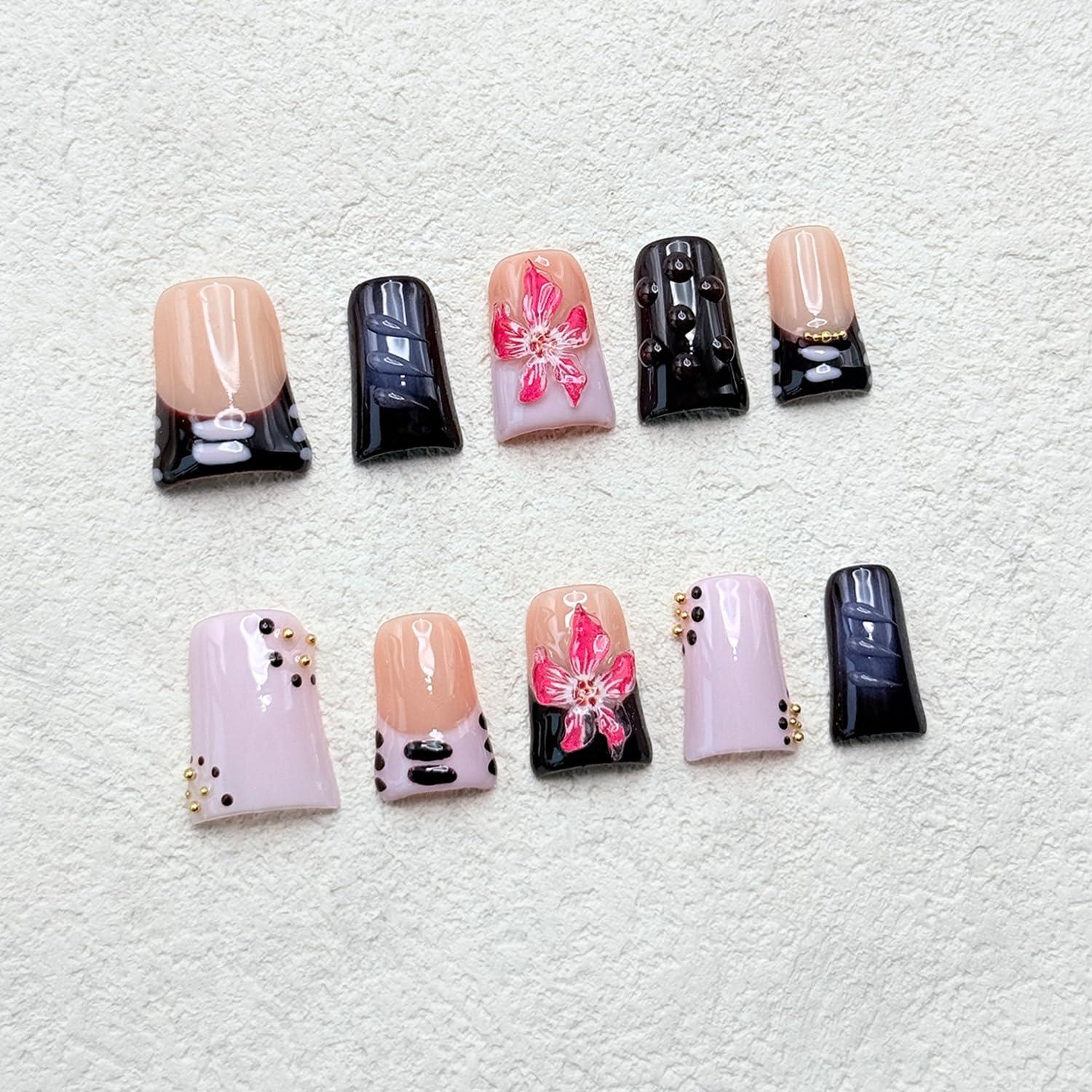 RIICFDD 10 Pcs Handmade Duck Press-On Nails – 3D Flower Gold Pearl Design (Size M)