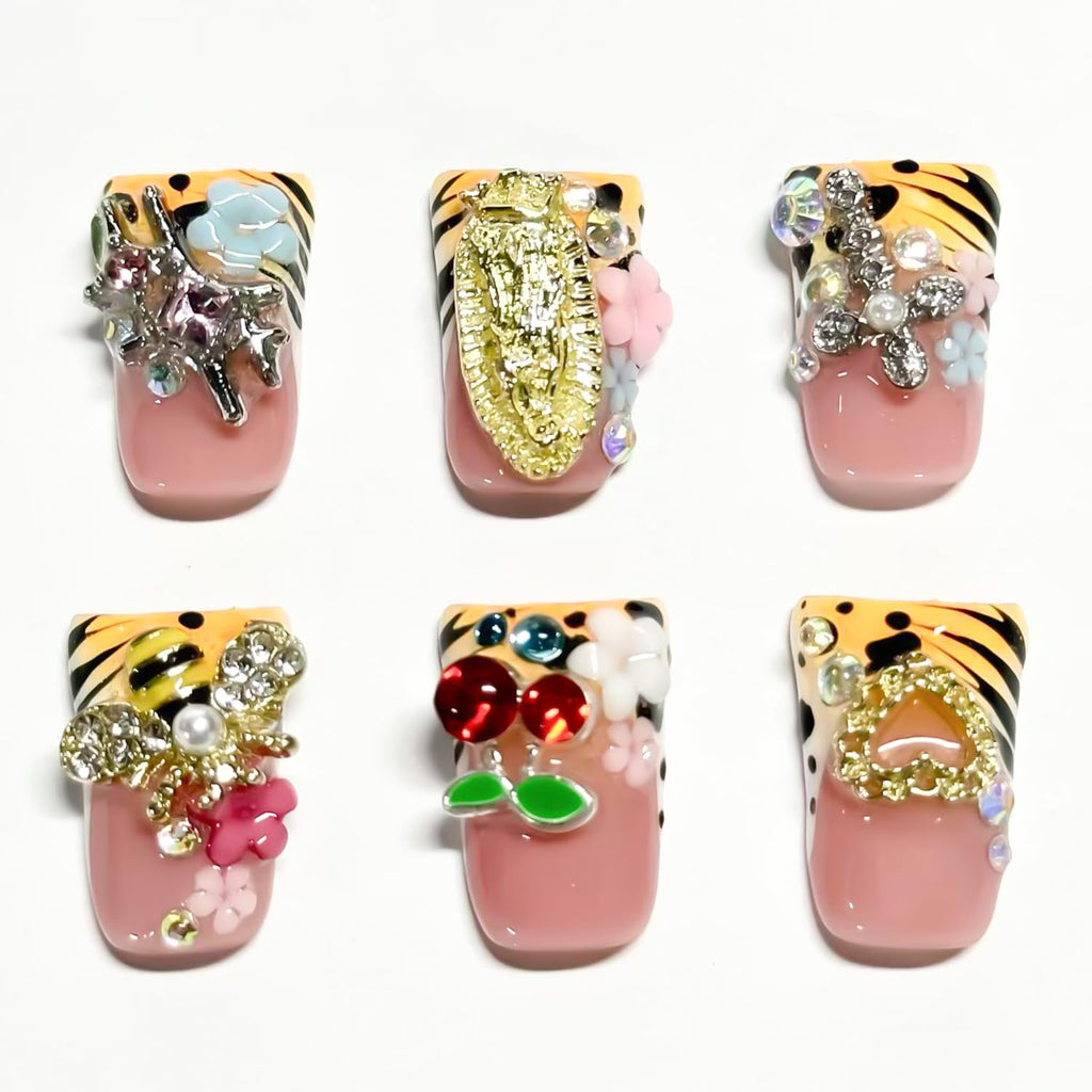 RIICFDD 10 Pcs Duck Press-On Nails – Handmade French Tip with 3D Flowers, Butterfly & Leopard Print (Glossy)