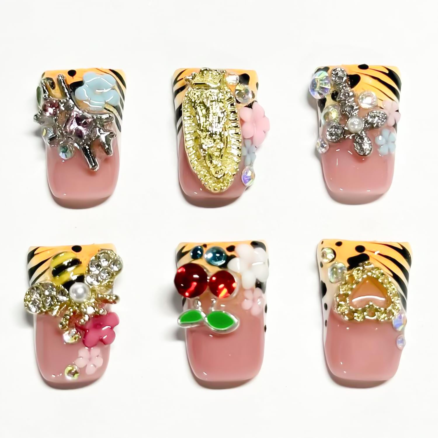 RIICFDD 10 Pcs Duck Press-On Nails – Handmade French Tip with 3D Flowers, Butterfly & Leopard Print (Glossy)