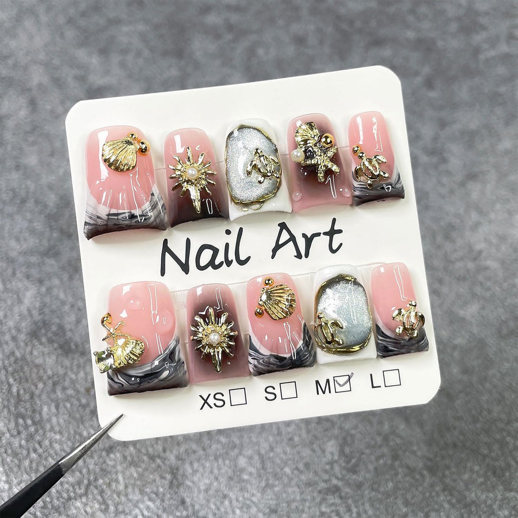 RIICFDD 10 Pcs Duck Press-On Nails – Medium, 3D Sun Shell Starfish Design + Glue