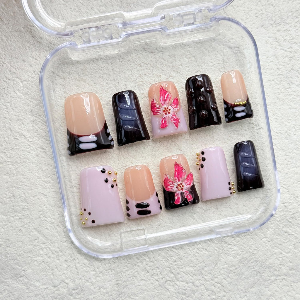 RIICFDD 10 Pcs Handmade Duck Press-On Nails – 3D Flower Gold Pearl Design (Size M)
