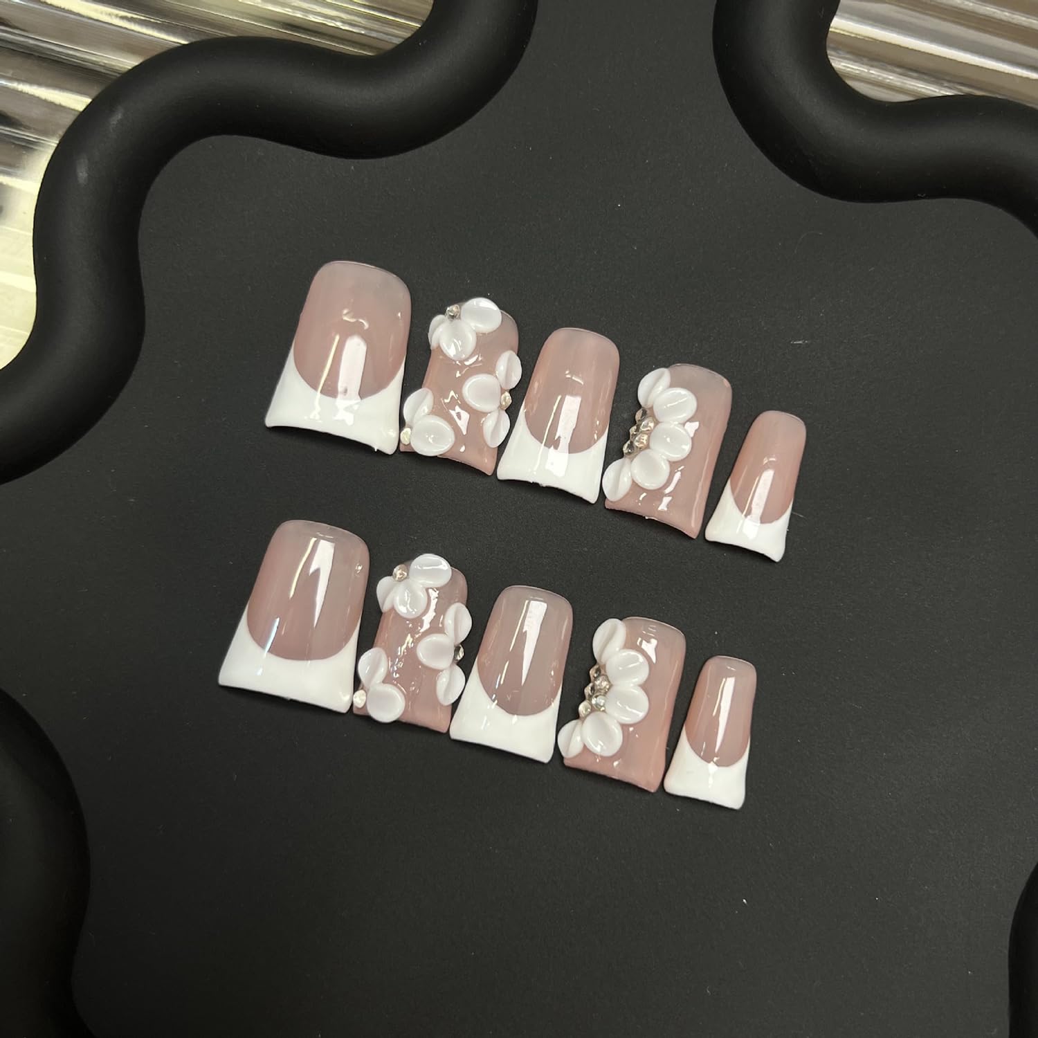 RIICFDD 10 Pcs Duck Press-On Nails with Glue – Medium Thick Acrylic, 3D Flower & Nude Pink Full-Cover Nails