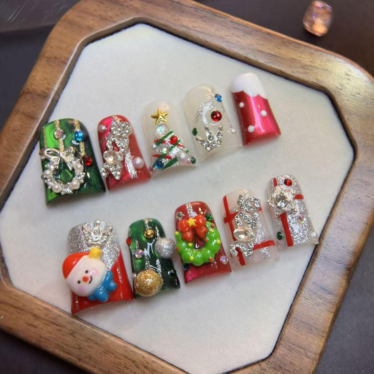 RIICFDD 10 Pcs Handmade Press On Nails – Duck 3D Garland Rhinestone Design for Autumn Winter
