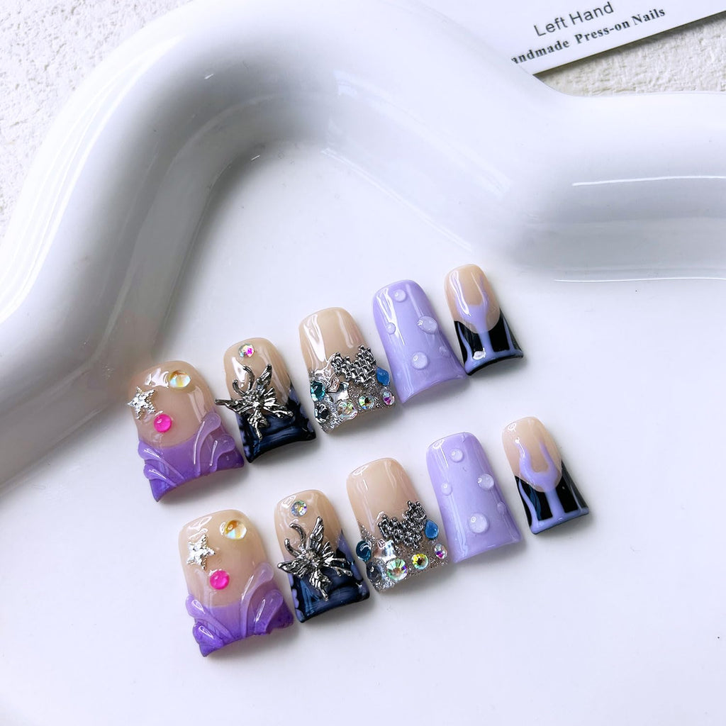 RIICFDD 10 Pcs Handmade Press-On Nails – Medium Duck Design, 3D Butterfly Rhinestones, Glue-On, Reusable