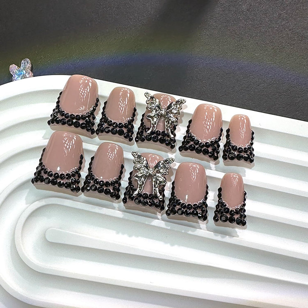 RIICFDD 10 Pcs Handmade Press-On Nails Medium Duck Nude Pink French Tip