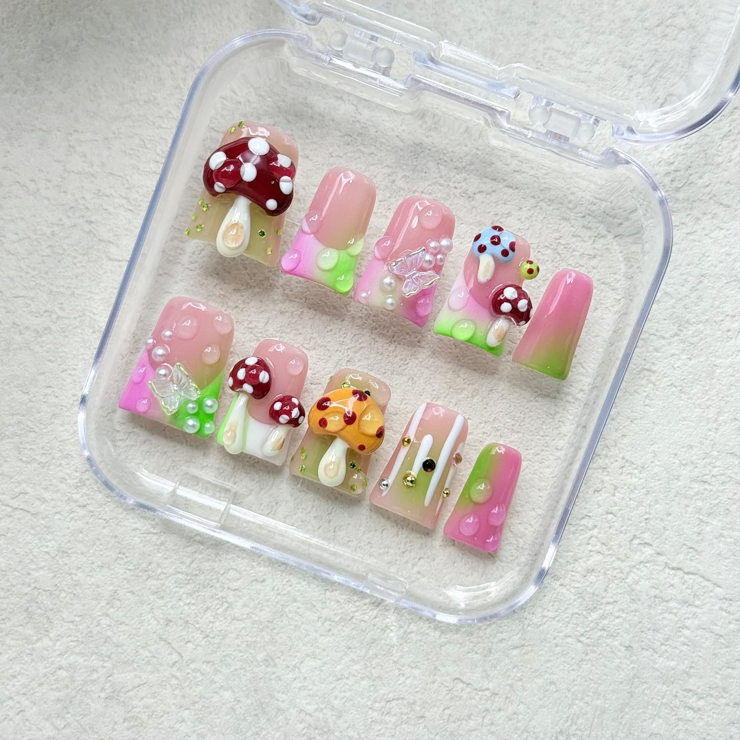 RIICFDD Luxury Handmade Press-On Nails – Medium Duck with 3D Mushroom Art (Size S)