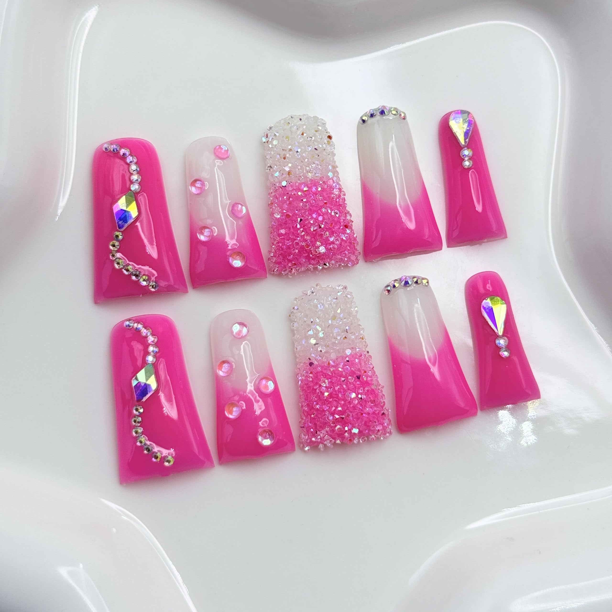 RIICFDD Handmade Press-On Nails – Long Duck Nails, Rose Pink Rhinestones, Reusable Acrylic (Size M)