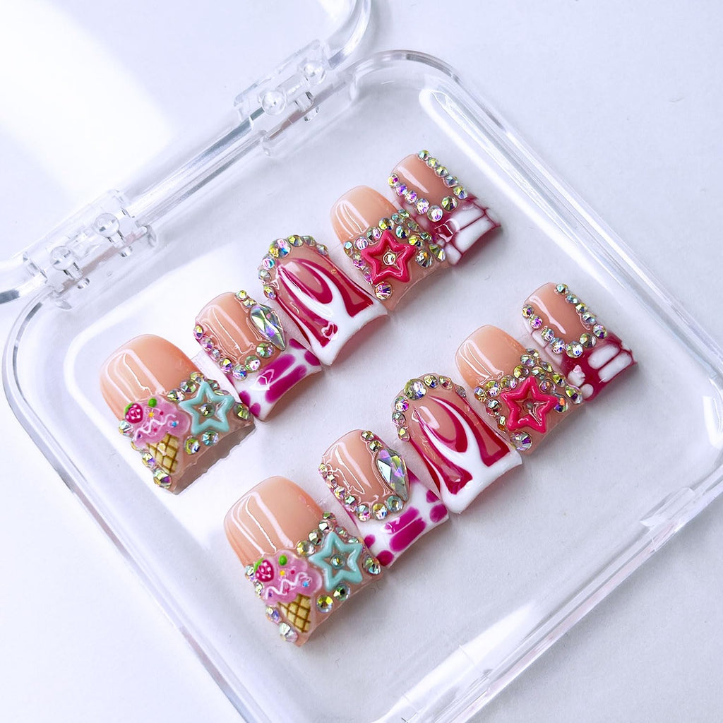RIICFDD 10 Pcs Thick Press-On Nails – Nude Pink Glossy, Reusable with Glue (Size M)