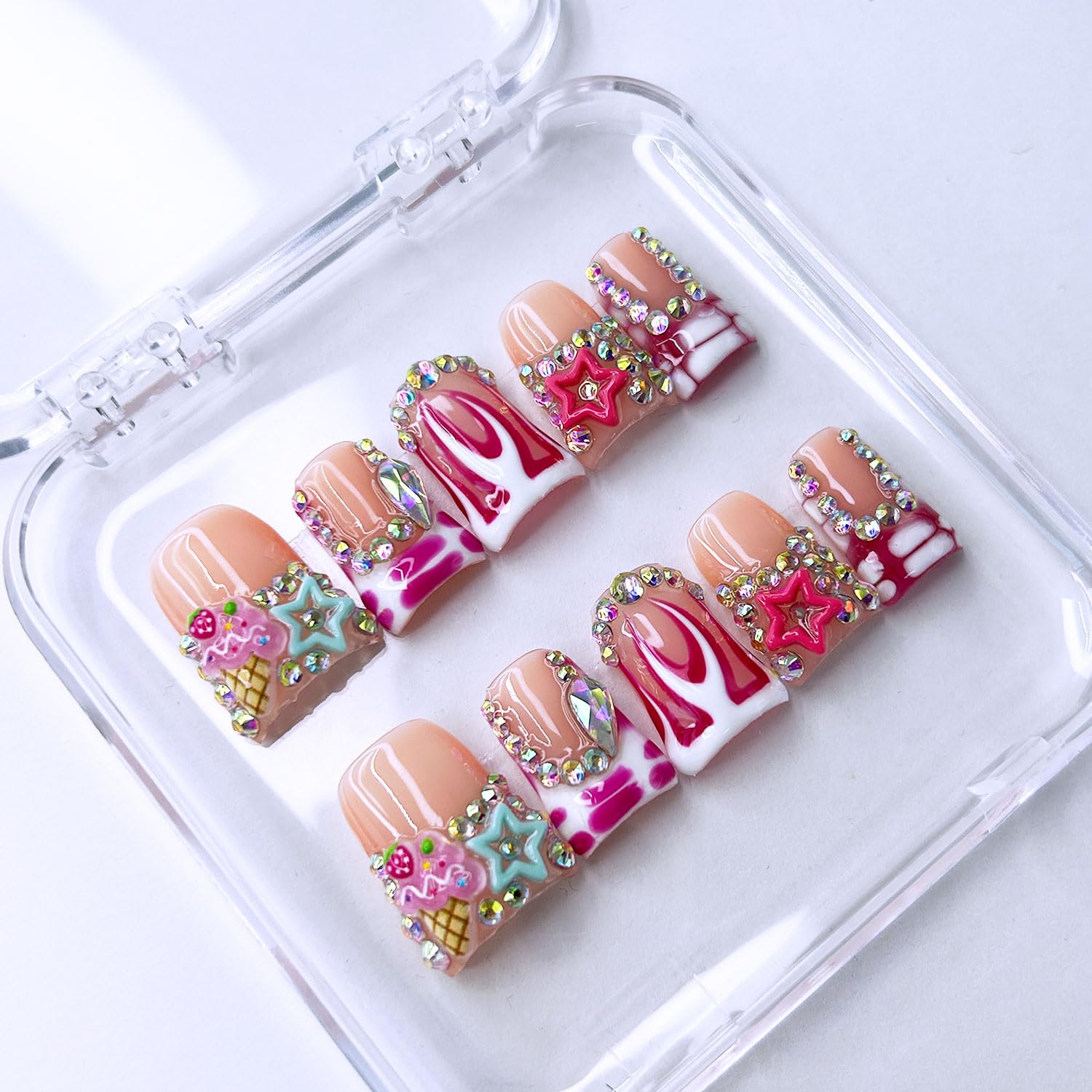 RIICFDD 10 Pcs Thick Press-On Nails – Nude Pink Glossy, Reusable with Glue (Size M)