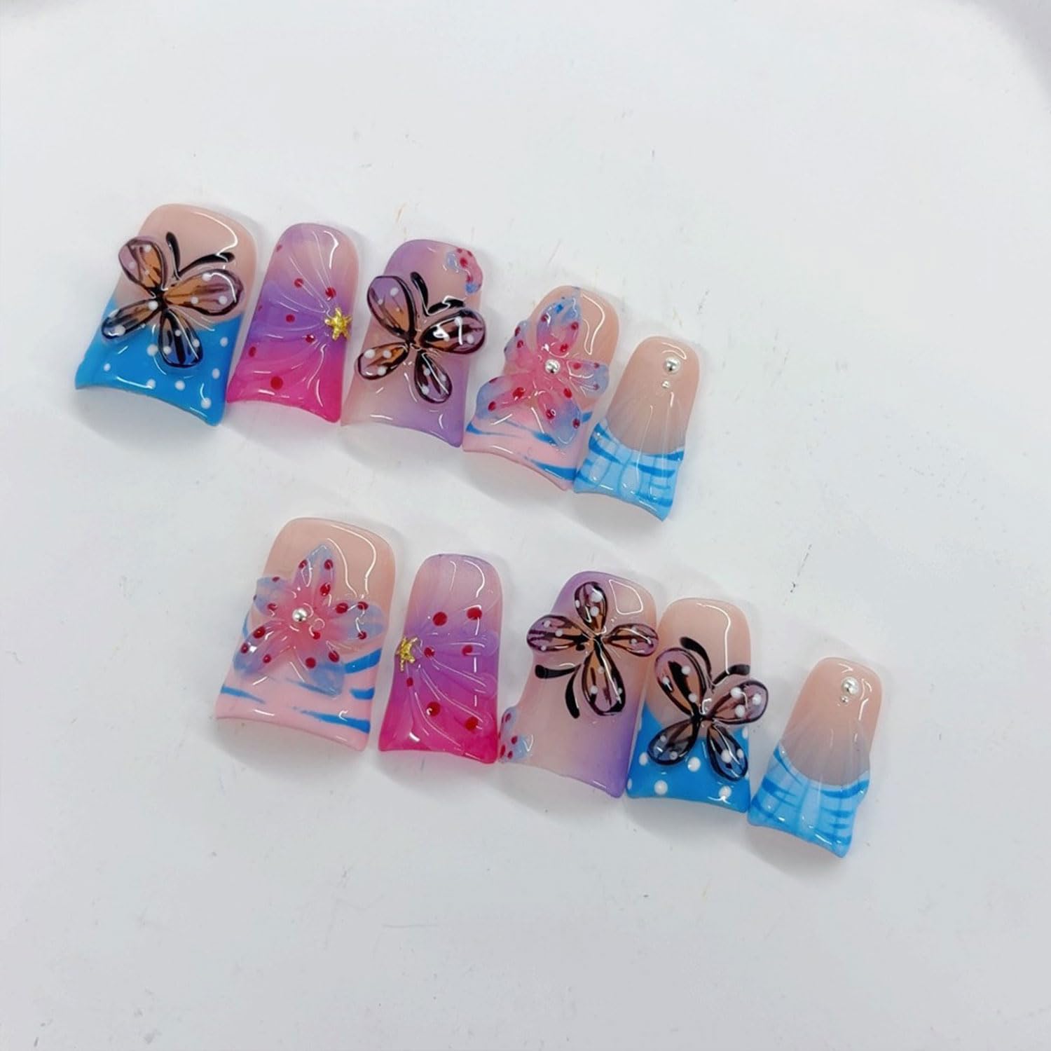 RIICFDD 10 Pcs Handmade Press-On Nails with Glue – Butterfly Flower Design