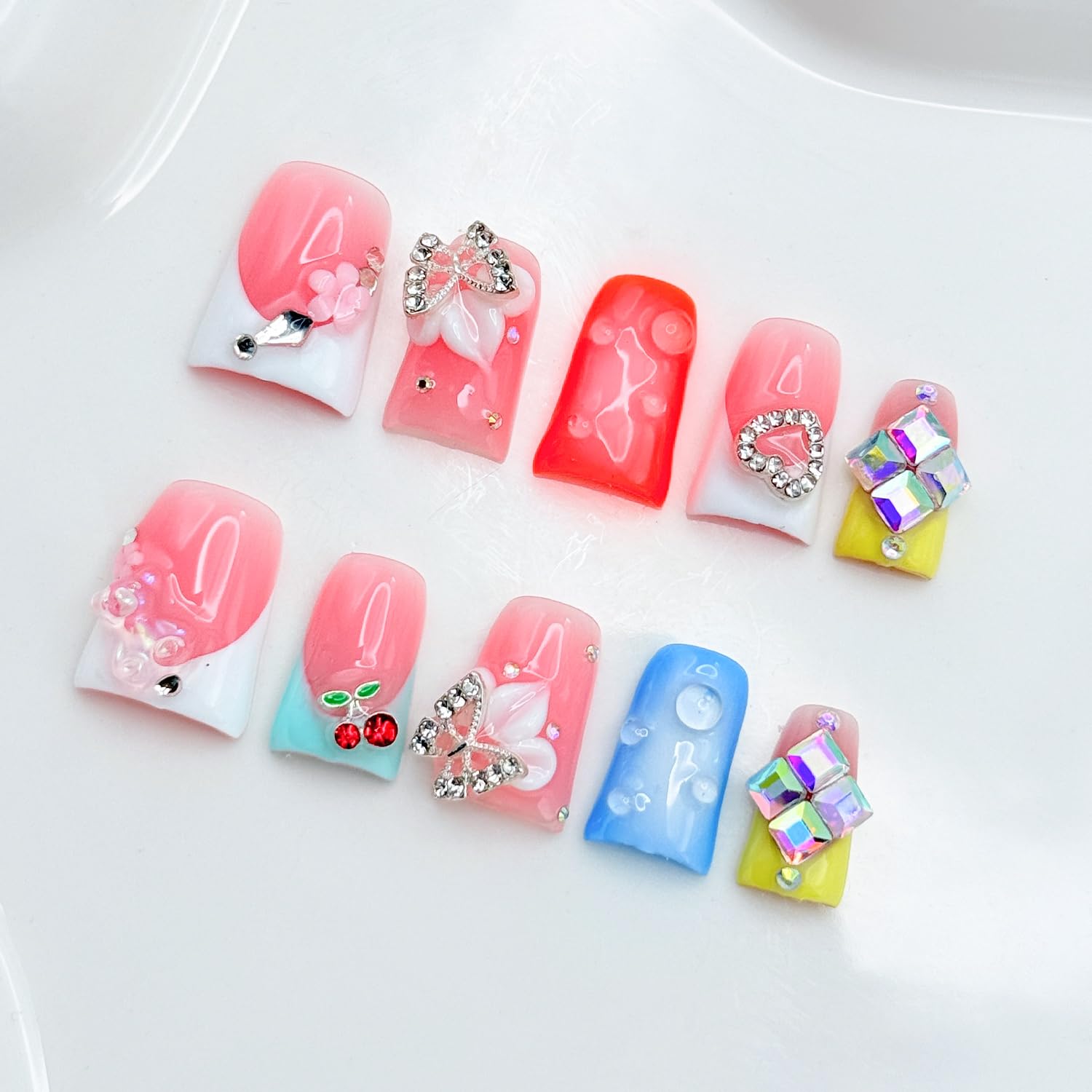 RIICFDD French Press Nails – Orange Duck Nails with 5D Flower Art & Rhinestones (Size S)
