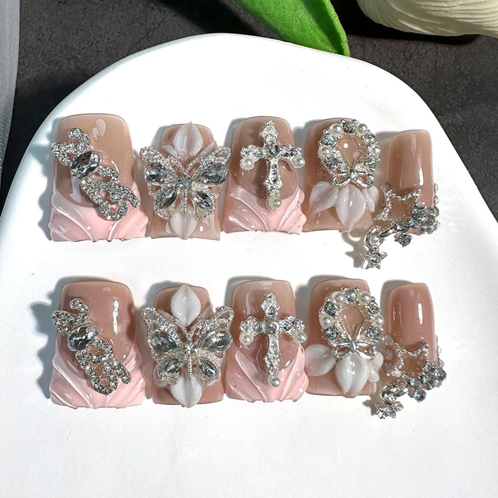RIICFDD 10 Pcs Luxury Duck Press-On Nails – 3D Butterfly Rhinestones, Medium