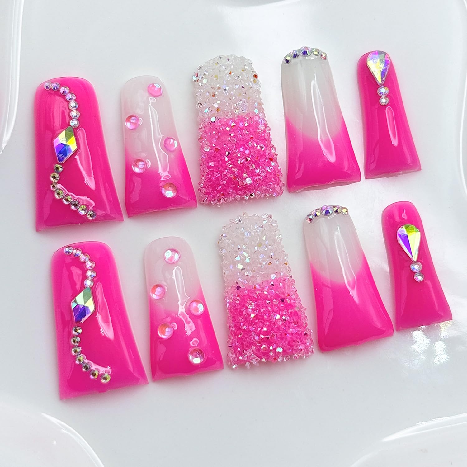 RIICFDD Handmade Press-On Nails – Long Duck Nails, Rose Pink Rhinestones, Reusable Acrylic (Size M)