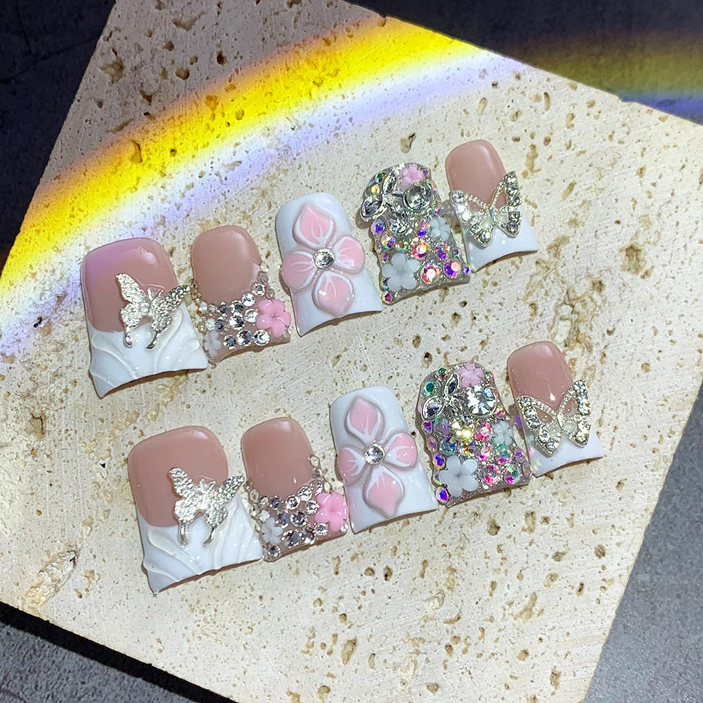 RIICFDD Handmade Press-On Nails – Duck Design, 3D Flowers & Rhinestones (Size M)