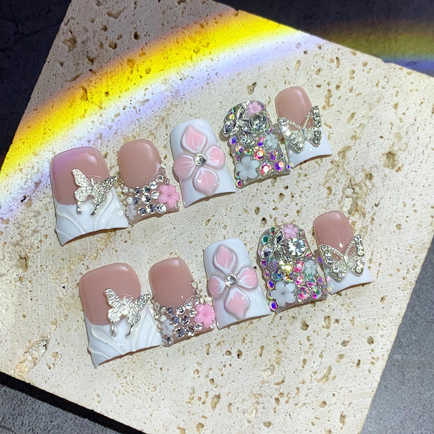 RIICFDD Handmade Press-On Nails – Duck Design, 3D Flowers & Rhinestones (Size M)