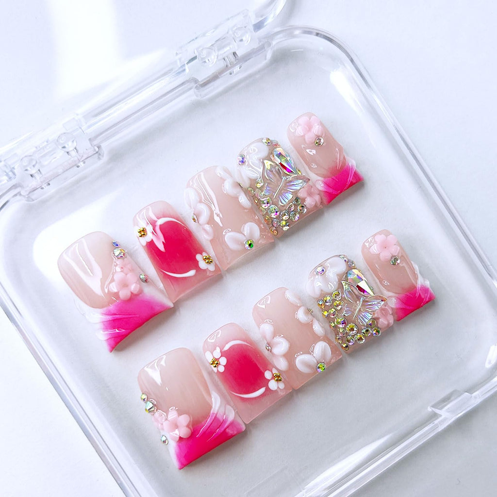 RIICFDD 10 Pcs Handmade Press-On Nails – Medium Duck, Rose Pink with 3D Flowers & Butterfly Rhinestones