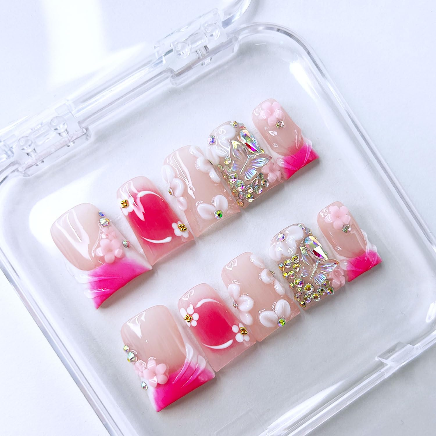 RIICFDD 10 Pcs Handmade Press-On Nails – Medium Duck, Rose Pink with 3D Flowers & Butterfly Rhinestones