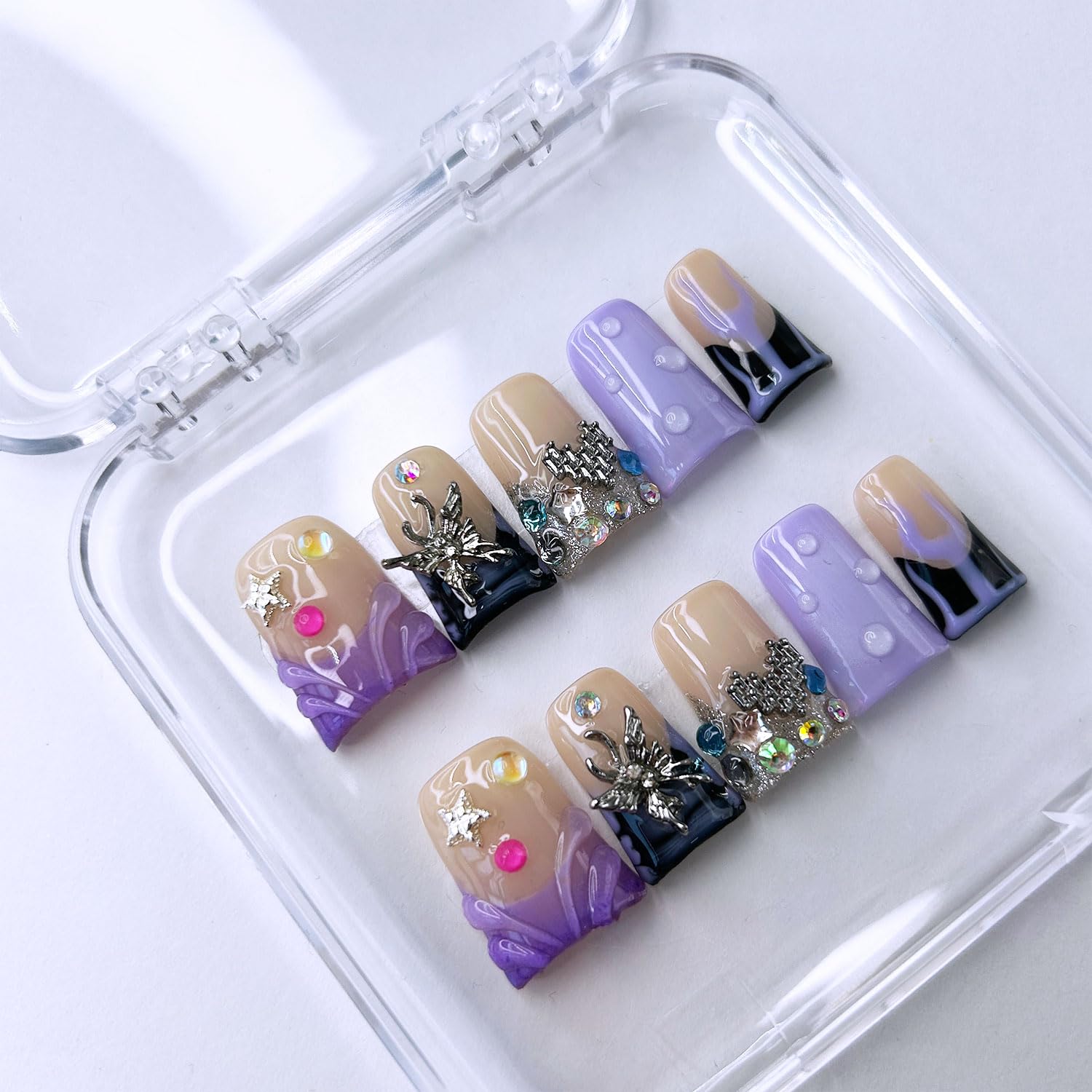 RIICFDD 10 Pcs Handmade Press-On Nails – Medium Duck Design, 3D Butterfly Rhinestones, Glue-On, Reusable