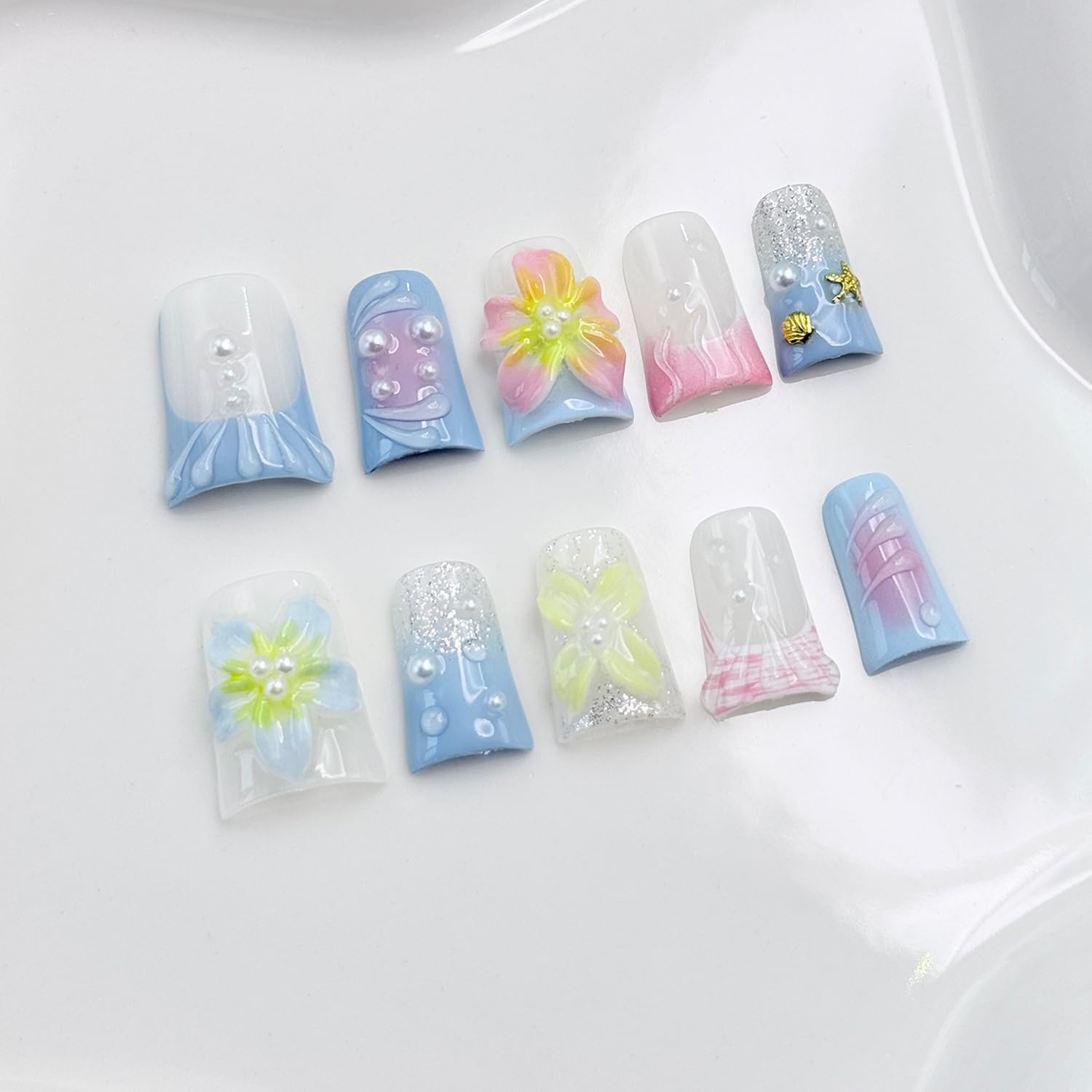 RIICFDD 3D Flower Blue Gradient Press On Nails – Shiny White Pearl Design, Pink Gradient with Gold Shell & Starfish (10 Pcs, Size M)