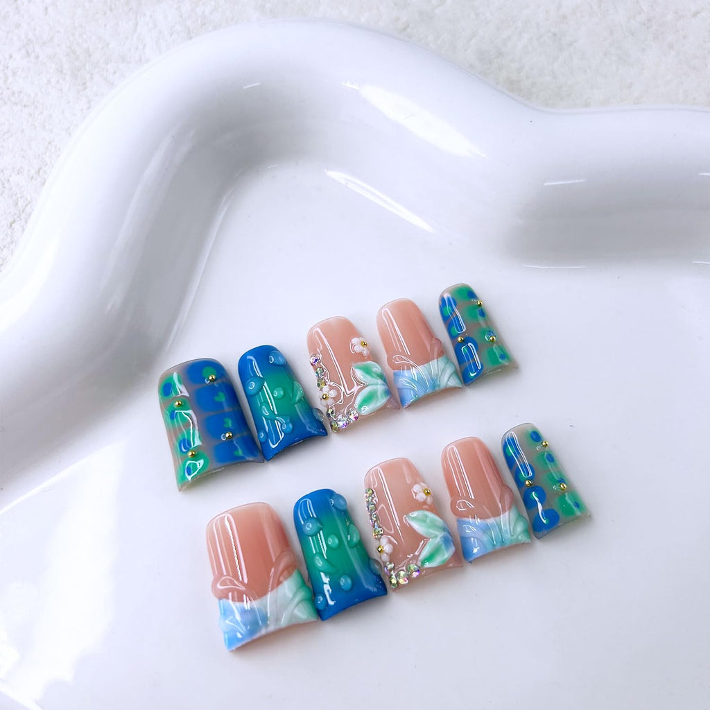 RIICFDD Handmade Duck Press on Nails – Medium 3D Flower Rhinestones Full Cover Kit (10 Nails)
