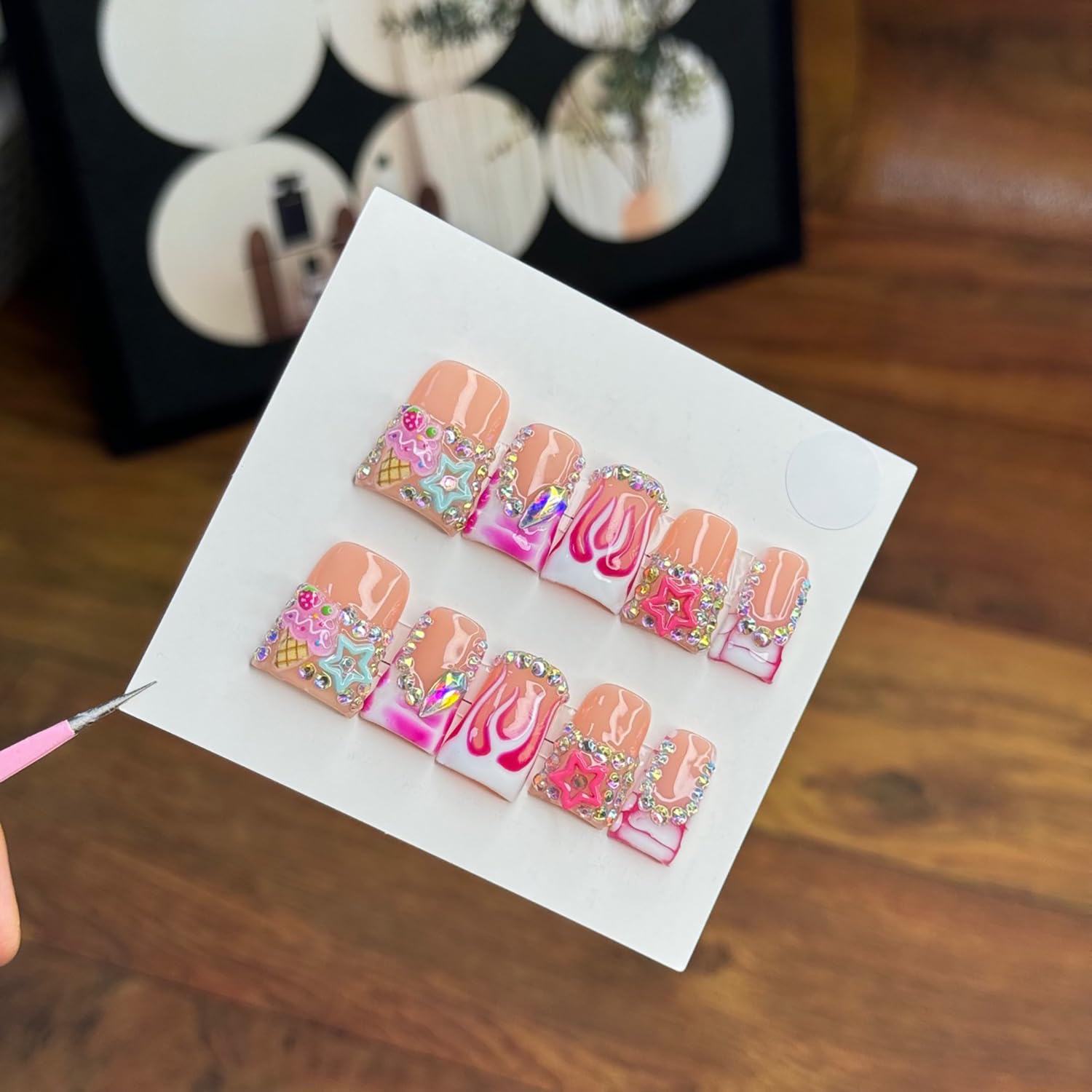 RIICFDD 10 Pcs Thick Press-On Nails – Nude Pink Glossy, Reusable with Glue (Size M)