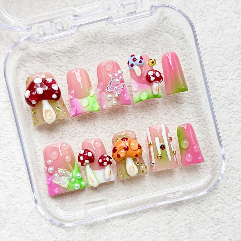 RIICFDD Luxury Handmade Press-On Nails – Medium Duck with 3D Mushroom Art (Size S)