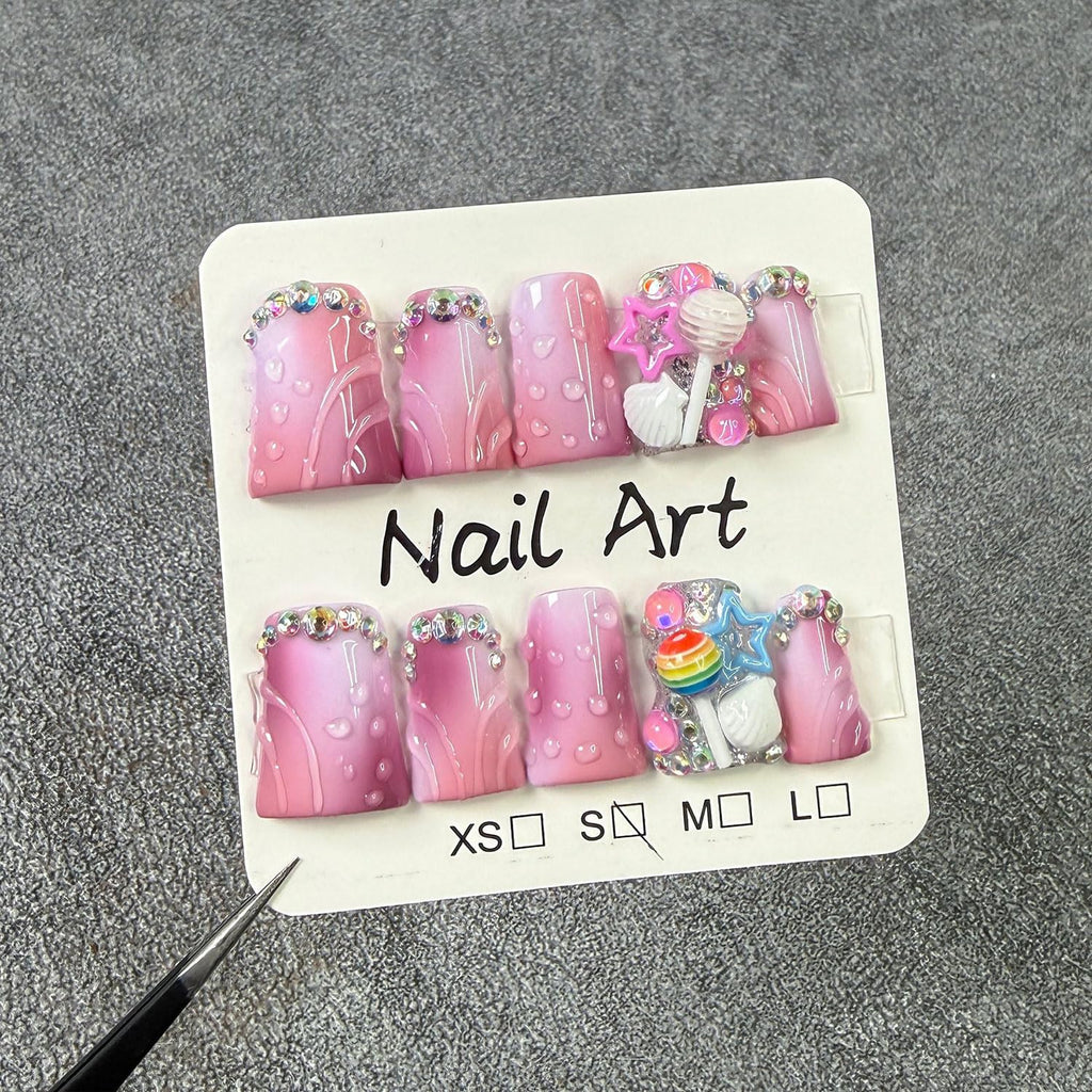 RIICFDD Handmade Press-On Nails – Medium Duck Design, 3D Rhinestones, Glue Included (10 Nails, Size M)