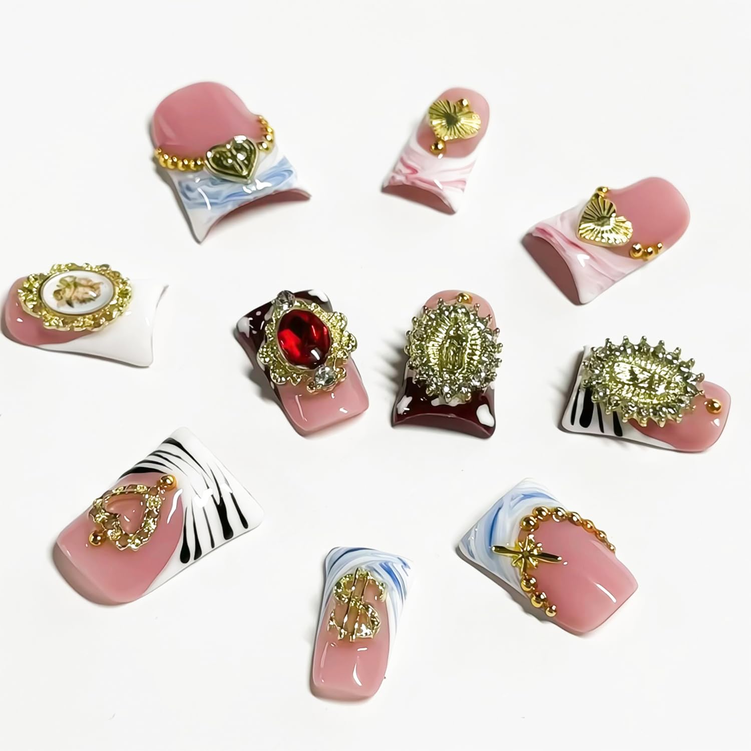 RIICFDD 10 Pcs Duck Press-On Nails Sea Waves Pink French Tip – 3D Golden Heart, Reusable Acrylic Kit