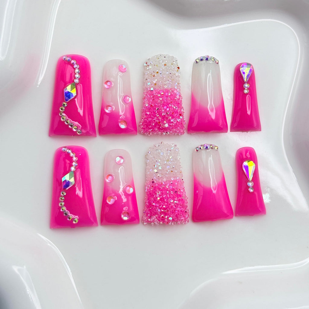 RIICFDD Handmade Press-On Nails – Long Duck Nails, Rose Pink Rhinestones, Reusable Acrylic (Size M)