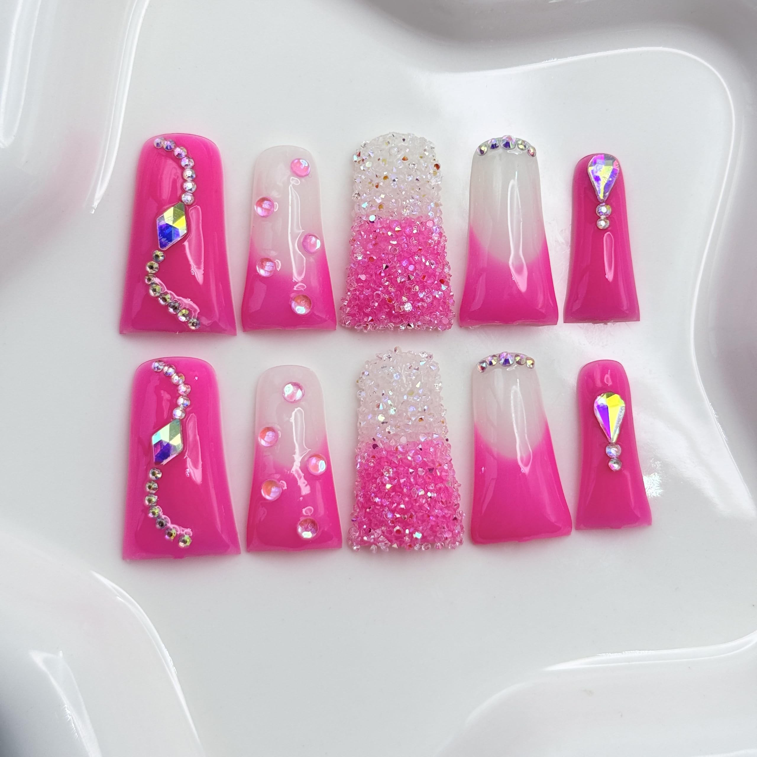 RIICFDD Handmade Press-On Nails – Long Duck Nails, Rose Pink Rhinestones, Reusable Acrylic (Size M)