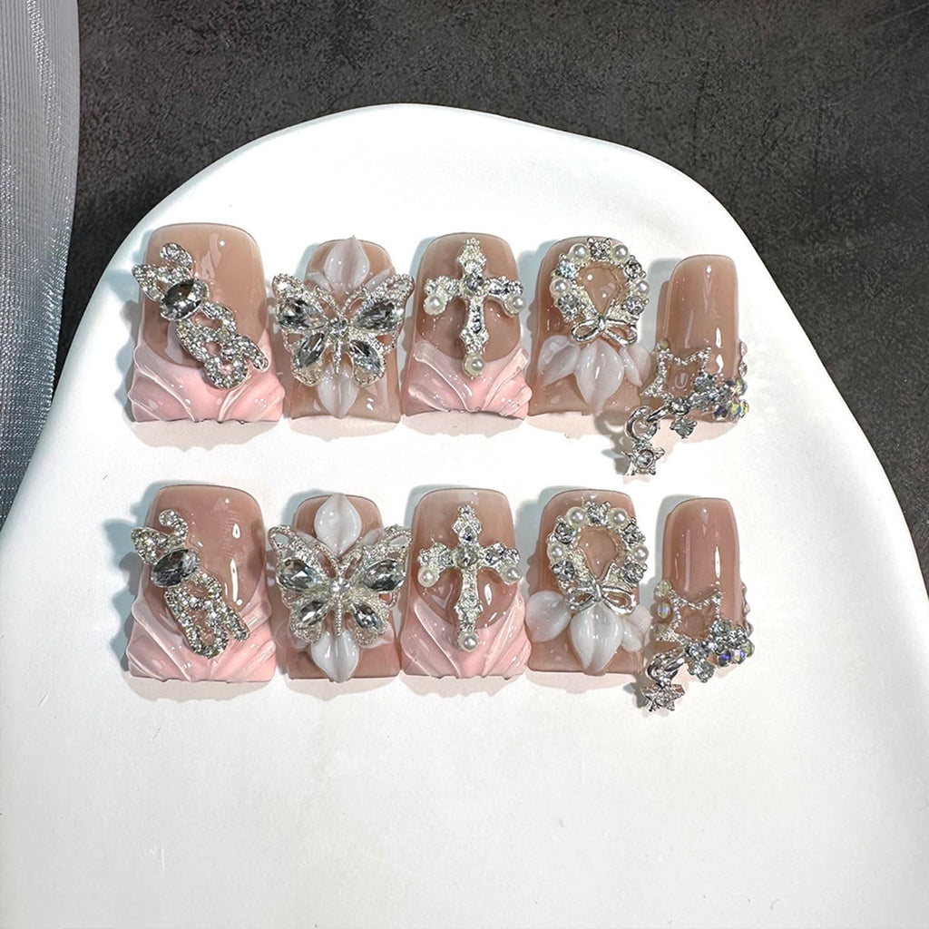 RIICFDD 10 Pcs Luxury Duck Press-On Nails – 3D Butterfly Rhinestones, Medium