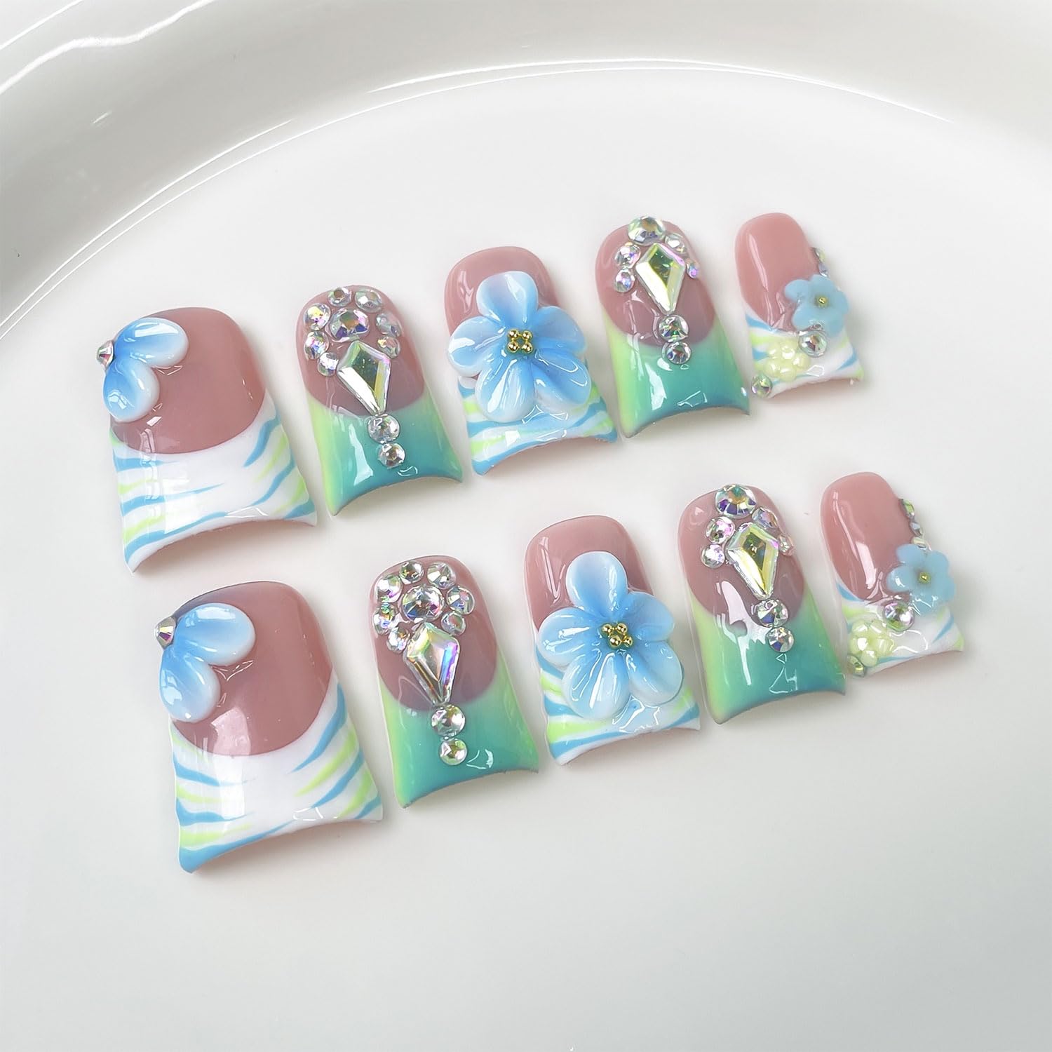 RIICFDD Luxury Handmade Press-On Nails – Light Green French with Blue 3D Flower, Glue Included
