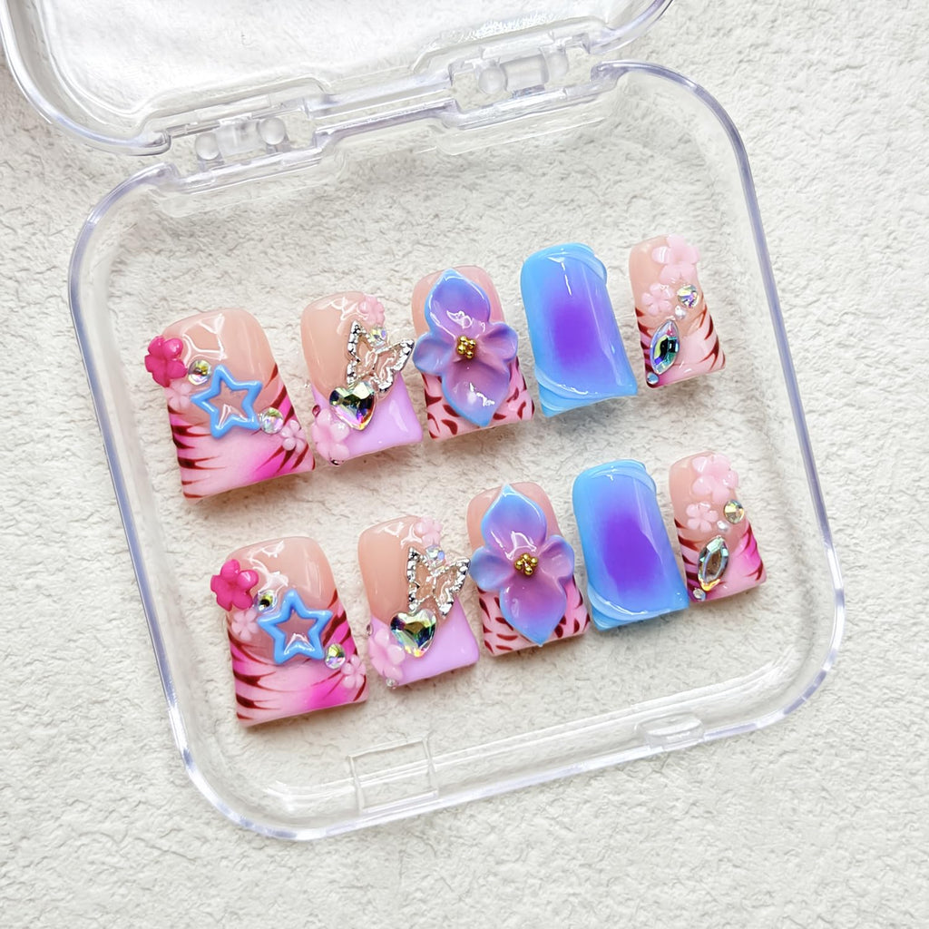RIICFDD Thick Press On Nails – Medium Duck Nails with 3D Flower Art, Gems, Reusable Acrylic