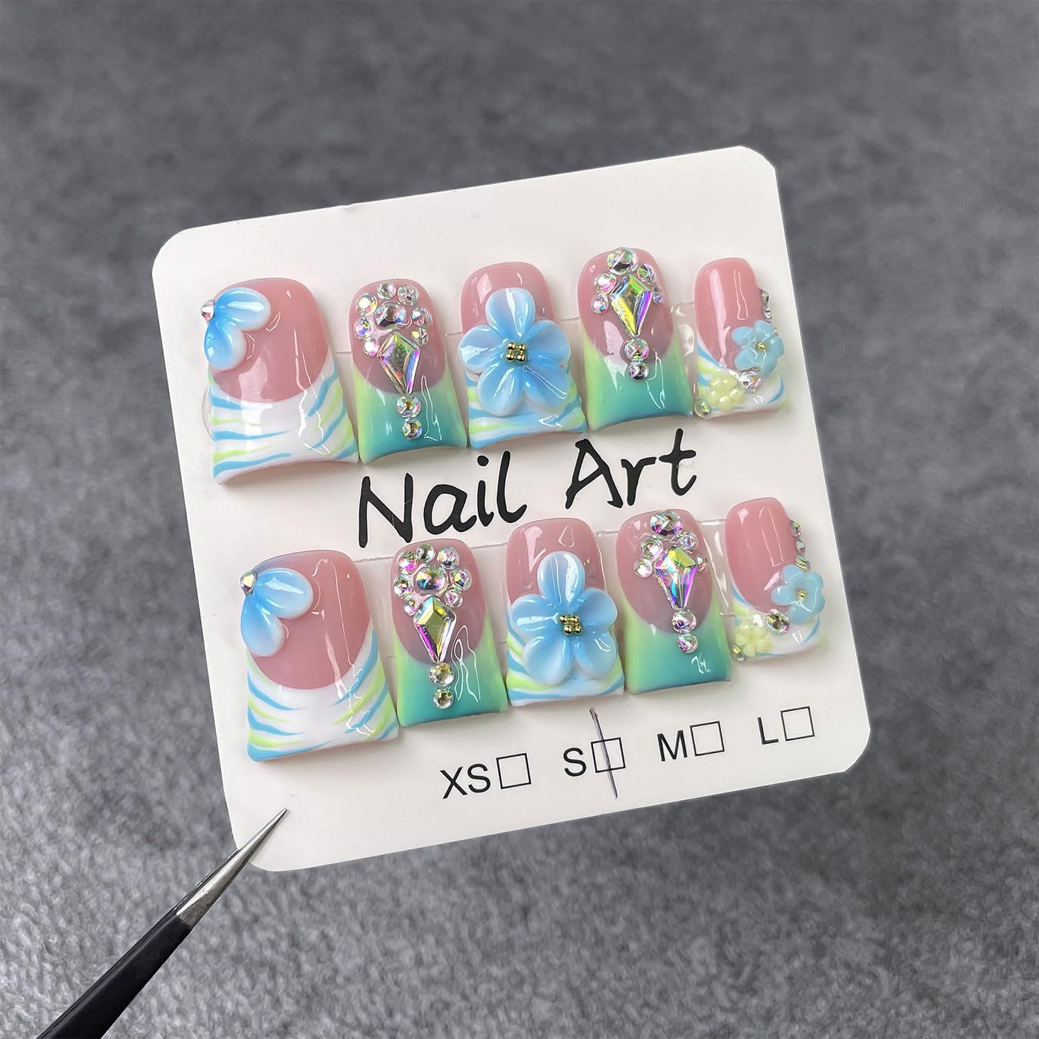 RIICFDD Luxury Handmade Press-On Nails – Light Green French with Blue 3D Flower, Glue Included